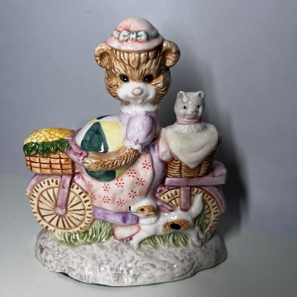 Vintage Ceramic Teddy Bear Riding Bicycle Figurine with Cat Dog Basket Kitsch